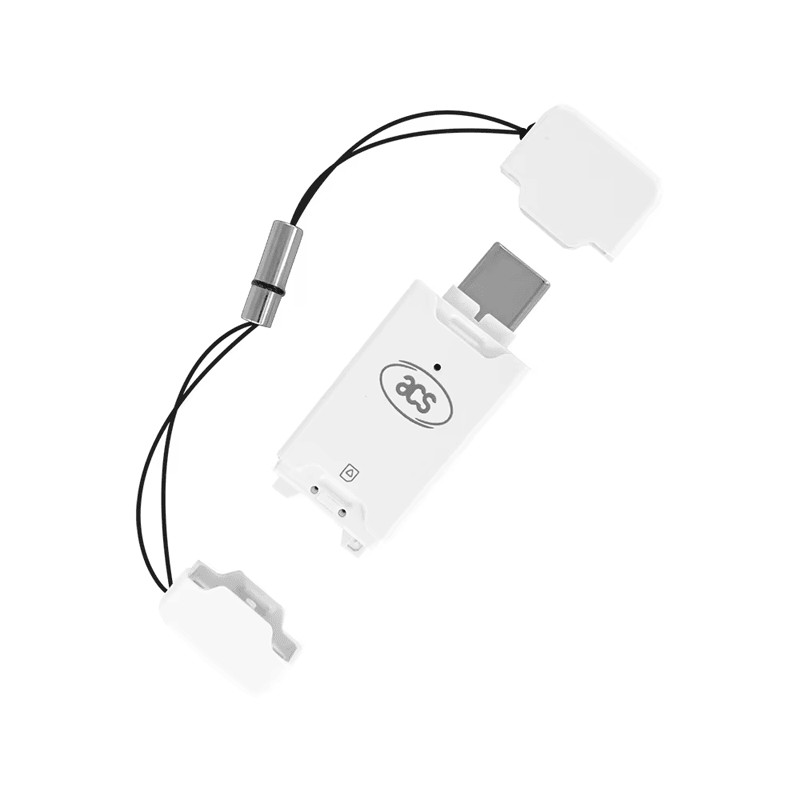 ACR40T SIM смарт картов четец е показан в изчистен продуктов изглед с открит USB Type-C конектор и капачка, прикрепена с връзка.
