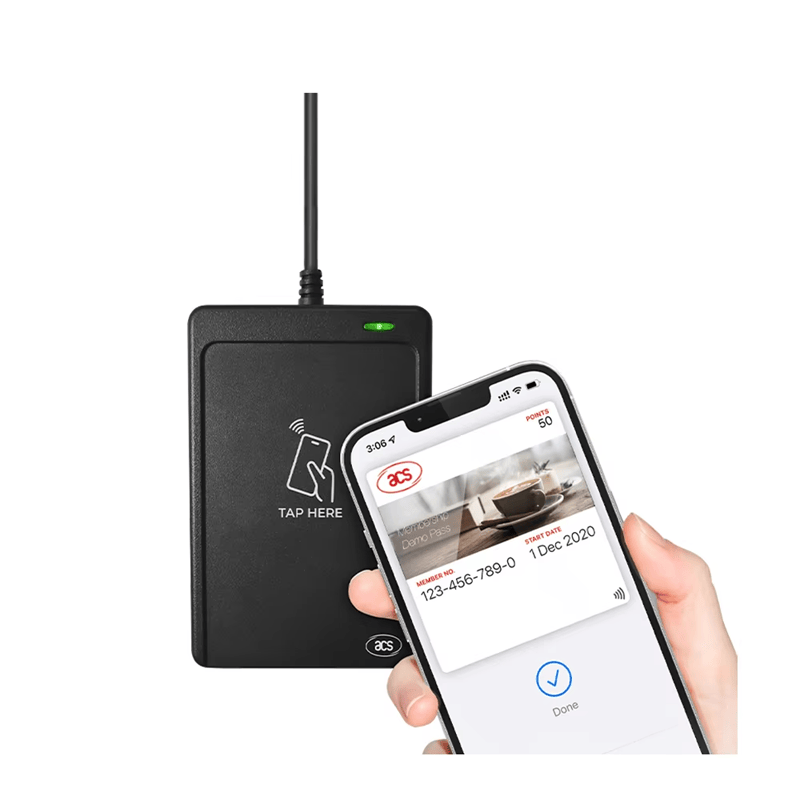 WalletMate Mobile Wallet NFC Reader е показан със смартфон, за да илюстрира tap използване и валидиране чрез мобилен портфейл.