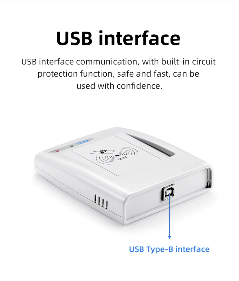 Диаграмата показва USB интерфейса на RC200U HF RFID четеца със стрелка към Type B конектора за бърза настройка.