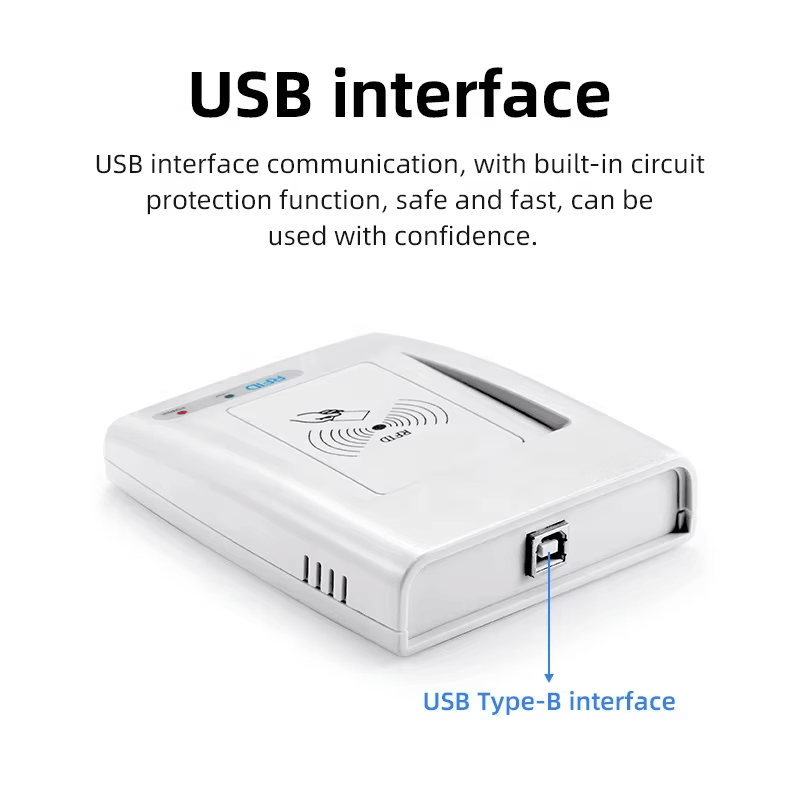 Това изображение подчертава USB Type B порта на HF RFID четеца RC200U отстрани за стабилно кабелно свързване към хост компютър.