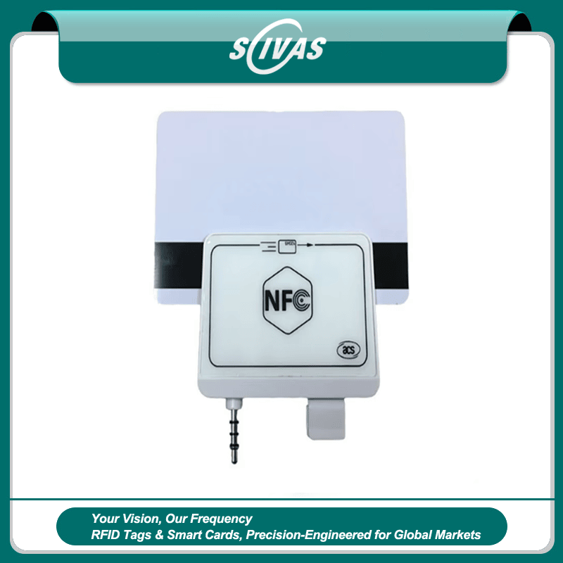 NFC четецът ACR35 MobileMate е компактно устройство което се включва в аудио жака за сигурни мобилни плащания и четене на карти.