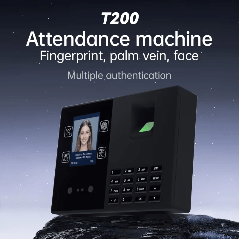 Рекламен постер на терминала T200, представящ проверка чрез пръстов отпечатък, вени на дланта и лице в едно устройство.