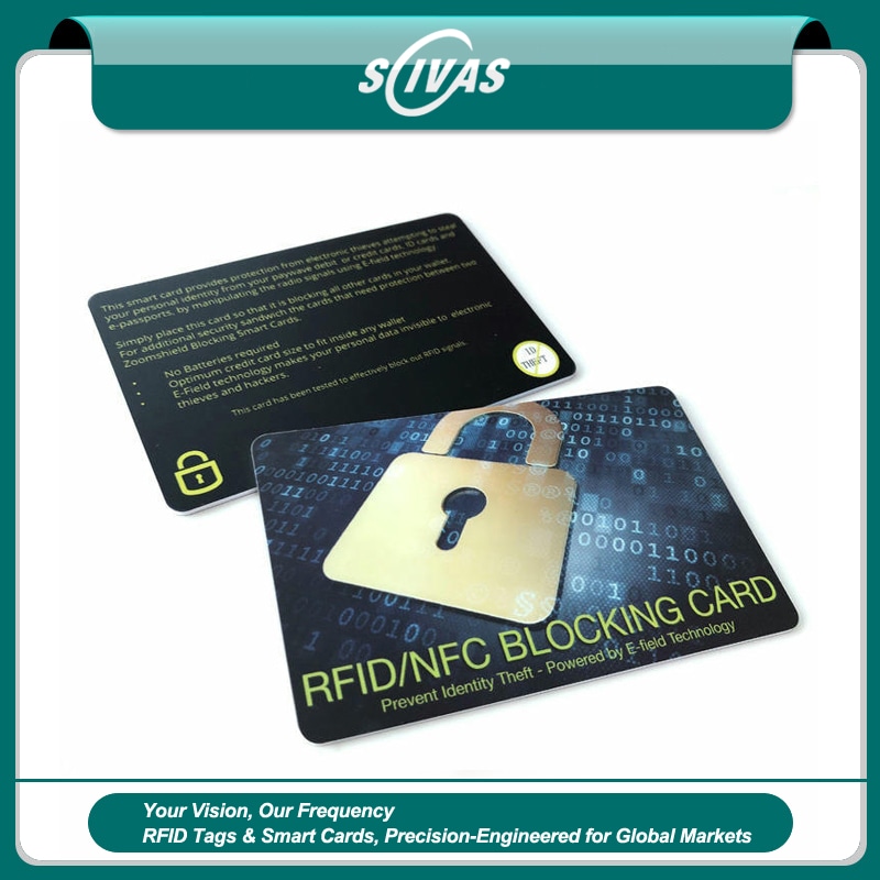 Промоционален банер показва две RFID блокиращи карти с графики на катинар и брандиране на SCIVAS за сигурна защита на портфейла.