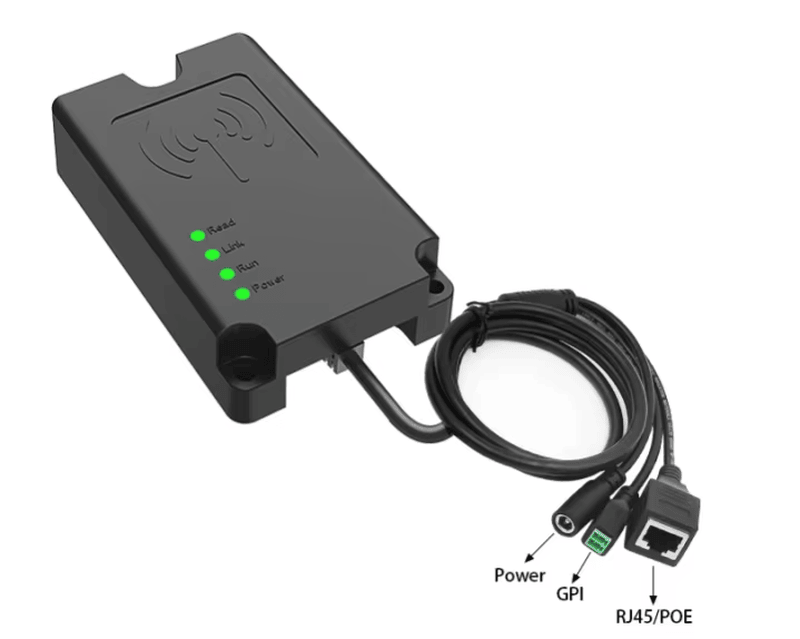 Продуктово изображение показва четеца CF820 с конектори за захранване GPI и RJ45 или PoE за индустриална комуникационна настройка.