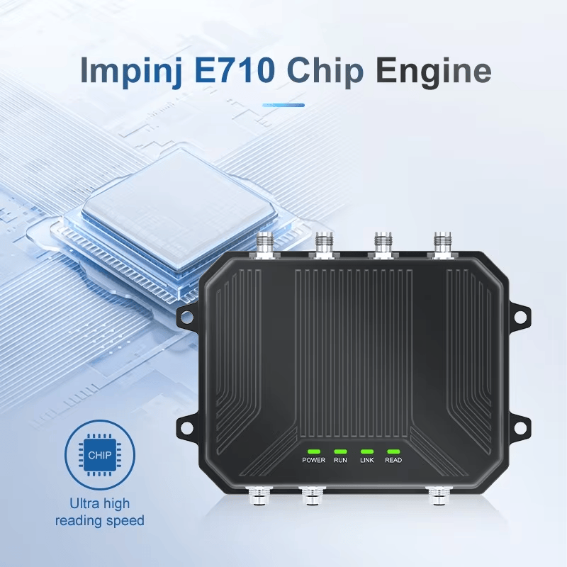 CF824 UHF индустриален четец е показан с фон на чип Impinj E710, за да подчертае много високата скорост на четене.