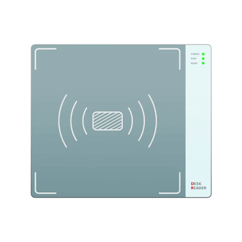 Пълна опаковка на настолния UHF RFID четец CF603 със защитна пяна и Type-C кабел за международна доставка.