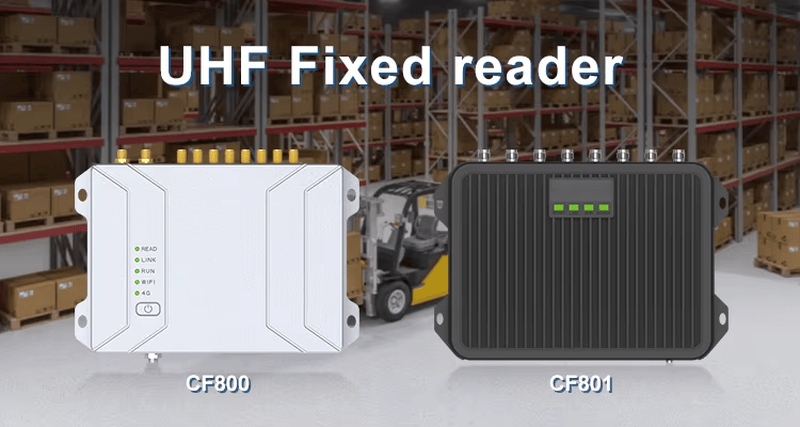 Изображението показва сравнителна складова графика с UHF фиксираните четци CF400 и CF801 пред стелажи за съхранение.