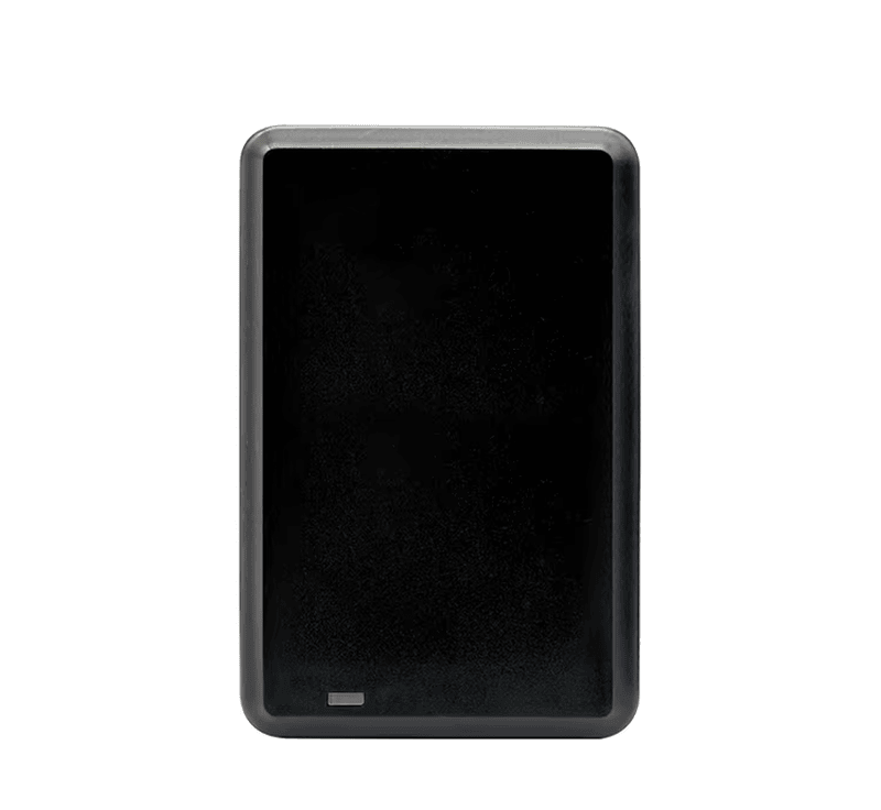 Преден изглед на CPH-F206 UHF RFID настолен четец с вградена LED индикация и зумер за обратна връзка при сканиране.