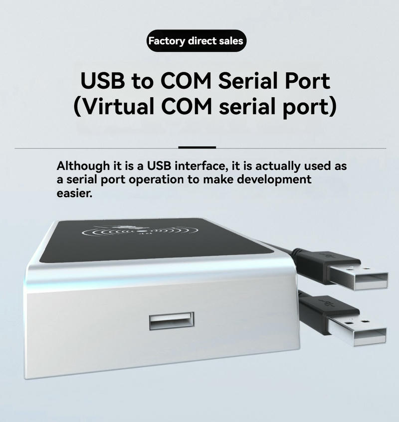 Близък план на USB връзката на YMC159-D1 HF RFID четец, използвана като virtual COM сериен порт за разработка.