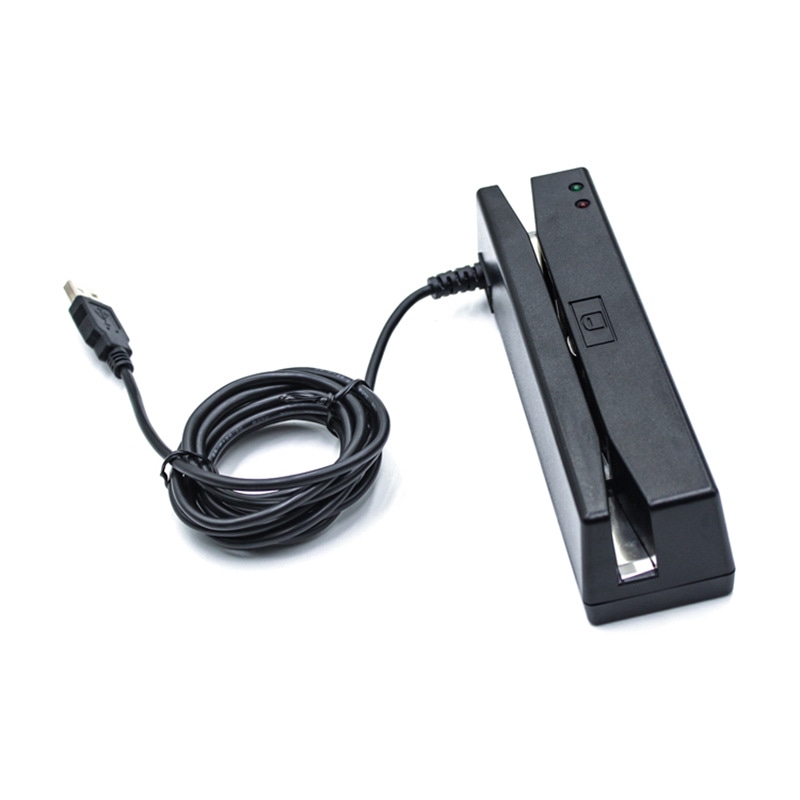 Магнитният четец YD-440 е показан с прибран дълъг USB кабел за удобен настолен монтаж към терминал за работно време.