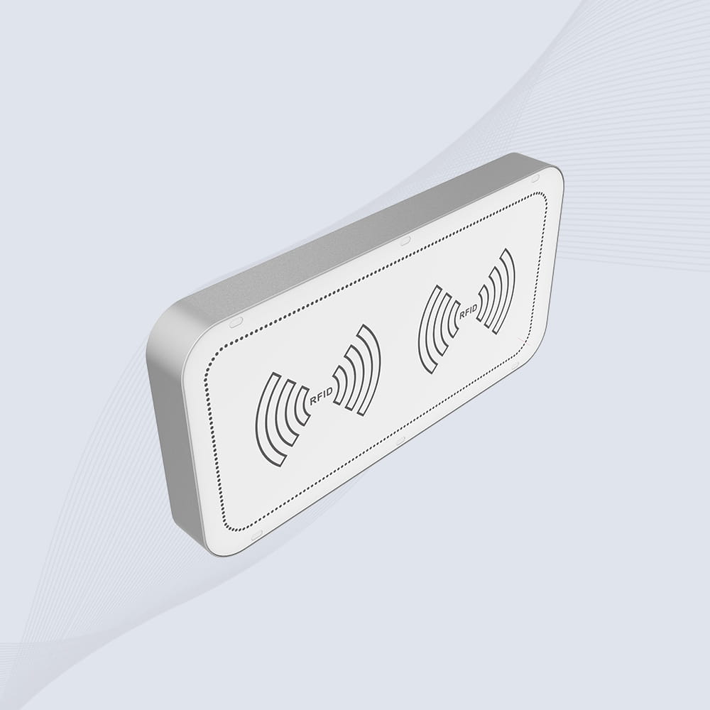 Близък план на интегрирания алармен модул на RFID четеца CK-T1A с вградена сирена и LED светлини за незабавна обратна връзка при сканиране.