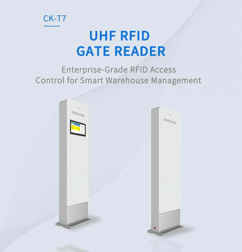 Инфографика за производителността на RFID порталния четец CK-T7, показваща 6 метра обхват на четене и 99,9 процента точност при идентификация на тагове.