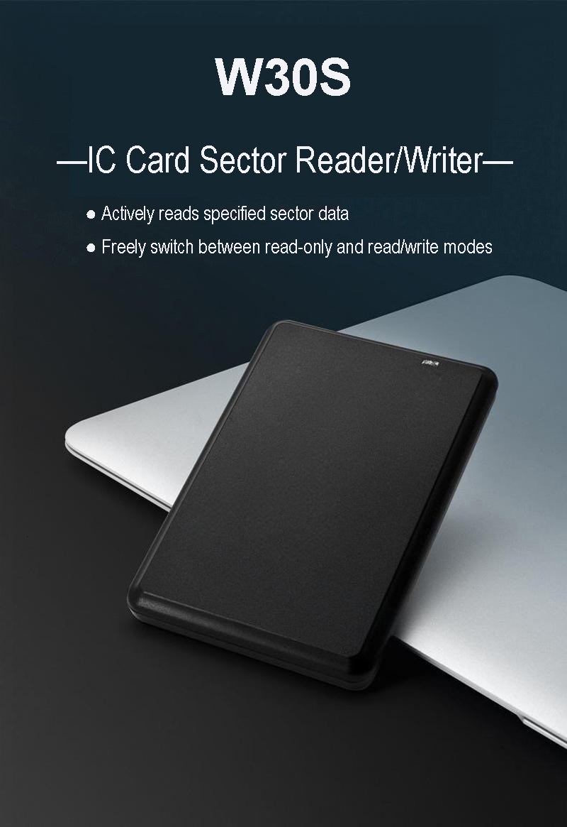 Основна продуктова снимка на W30S USB HF RFID записващо устройство, подчертаваща възможността за четене и запис на пълни сектори