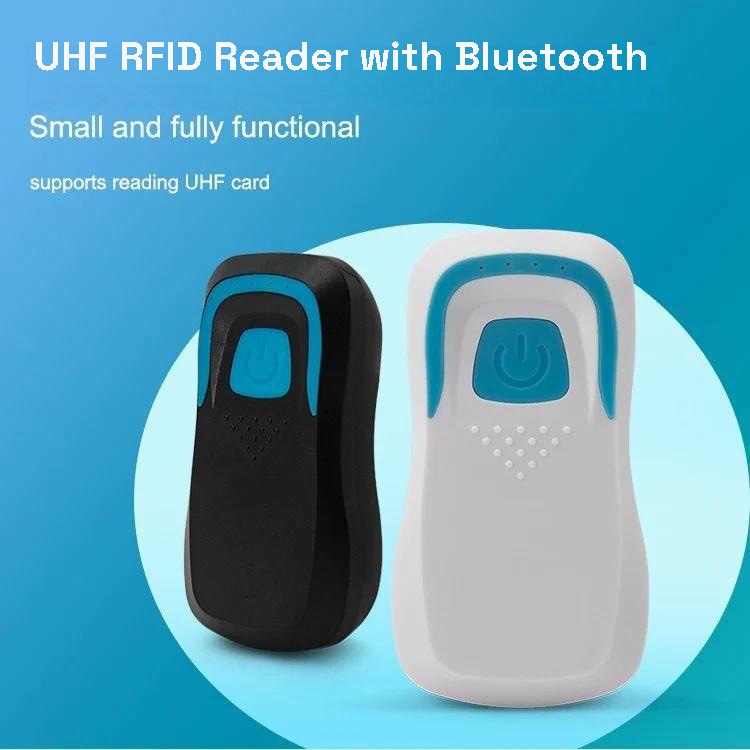 Изображението показва черен и бял мобилен UHF RFID четец R58H в Bluetooth продуктов банер за преносимо четене на UHF карти.