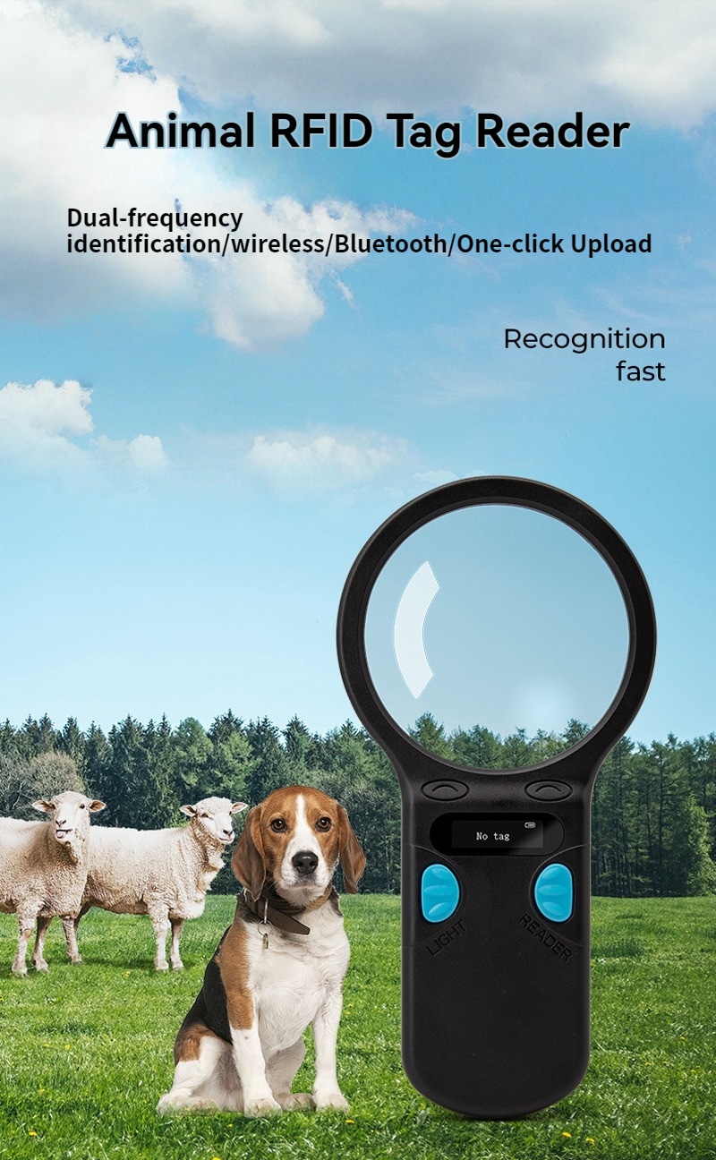 Промоционална сцена с овце, куче и RFID четеца W90C-B, представящ бърза идентификация на селскостопански и домашни животни.