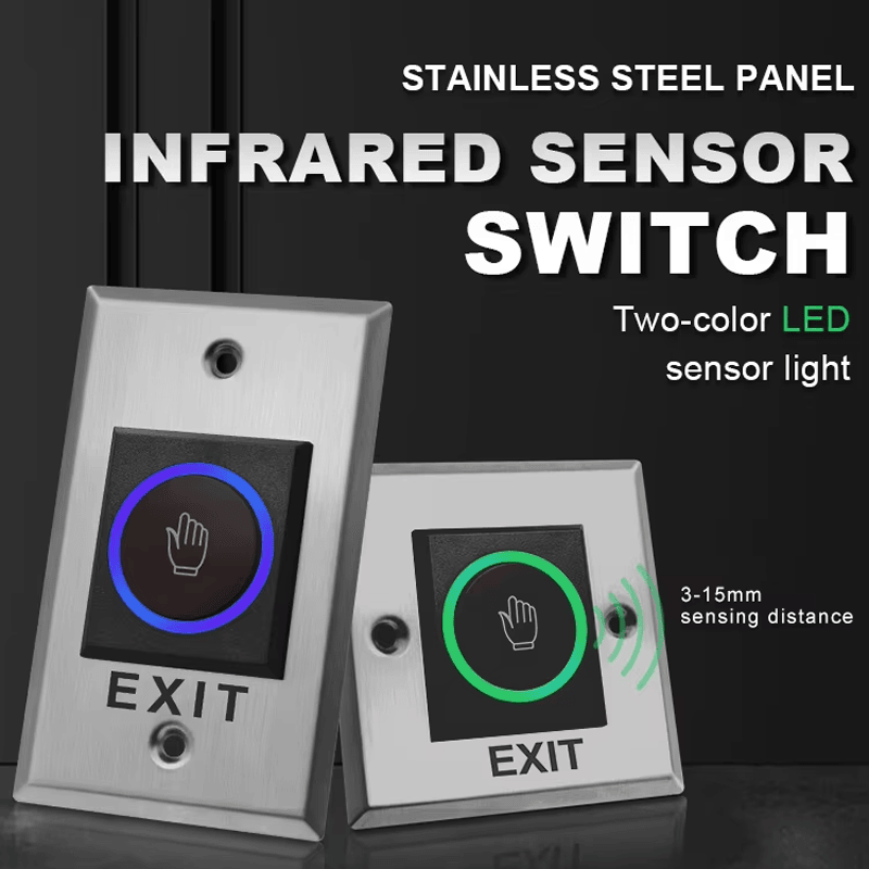 Безконтактен пластмасов инфрачервен бутон за изход с двоен LED, показан отзад за купувачи, сравняващи решения Exit Buttons.