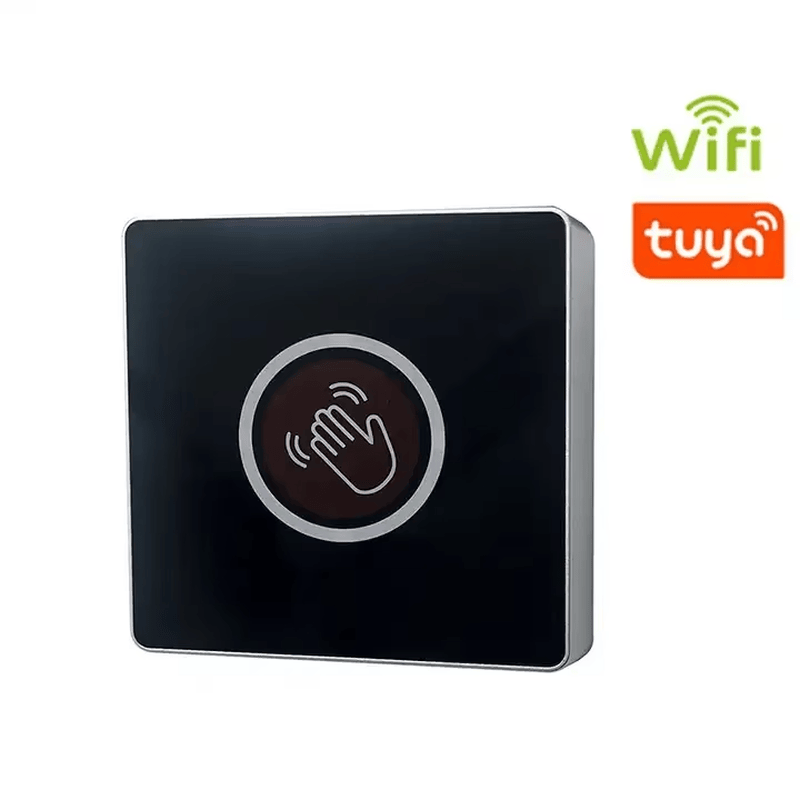 Изображението показва Tuya WiFi безконтактен бутон за смарт освобождаване на врата при монтаж за контрол на вход и изход.