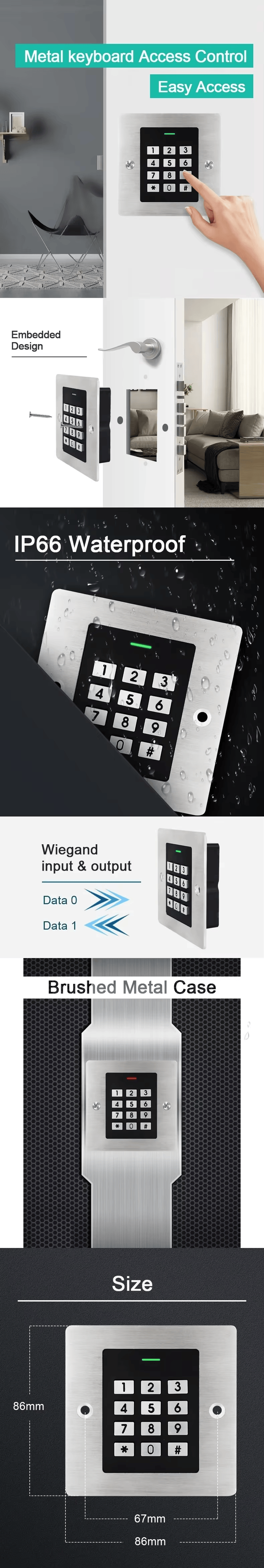 Подробна таблица с технически спецификации за RFID клавиатура K3, включително капацитет на карти и работно напрежение за купувачи.