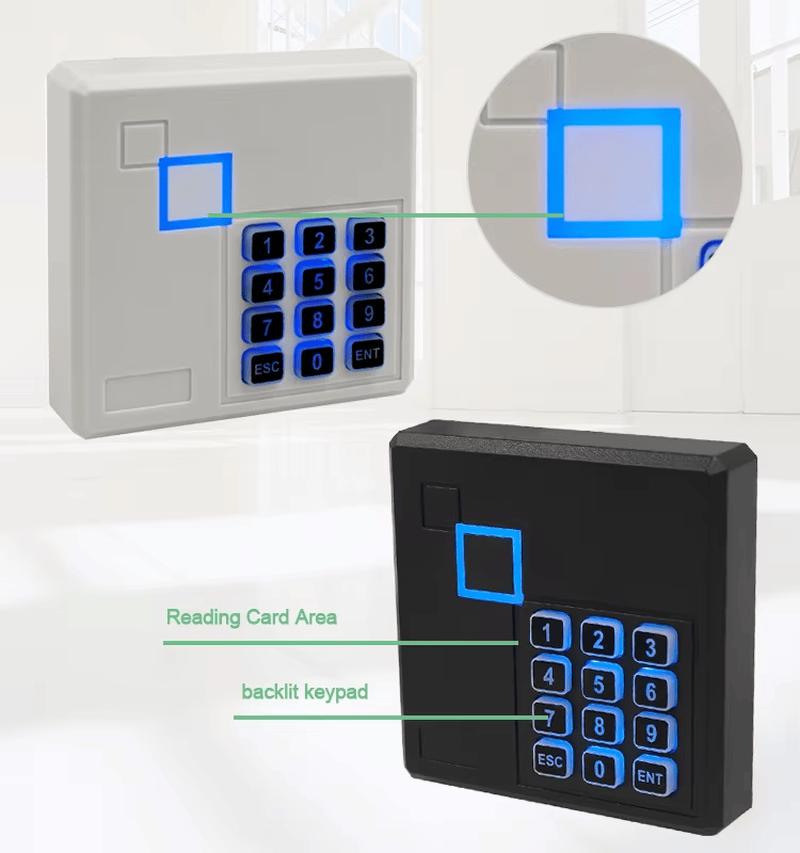 Изображението показва предния панел с клавиатура на LF HF RFID четец за карти за приложения RFID Access Readers.