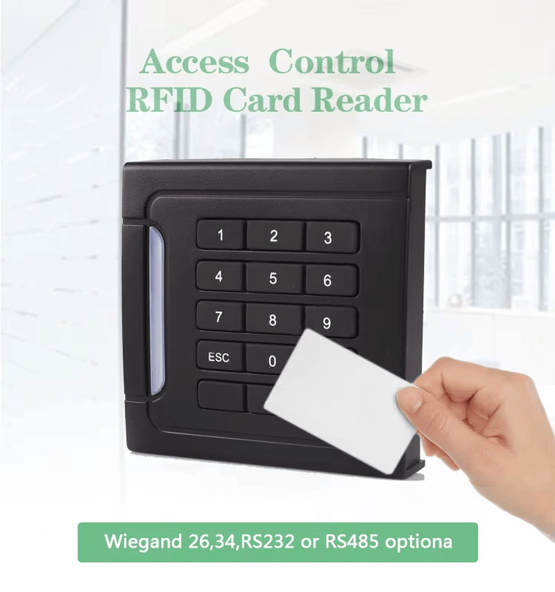 IP66 външен RFID четец с клавиатура, показан с преден панел за купувачи, сравняващи решения Keypad Access Readers.