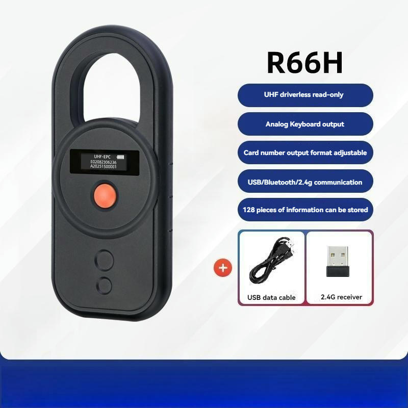 Челен изглед на UHF скенера r66h показващ ясния OLED дисплей който осигурява данни за идентификация на тагове в реално време.
