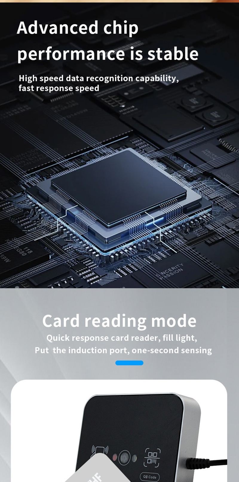 Изображението показва безконтактно сканиране с индустриален QR RFID четец за приложения с QR Code Access Readers.