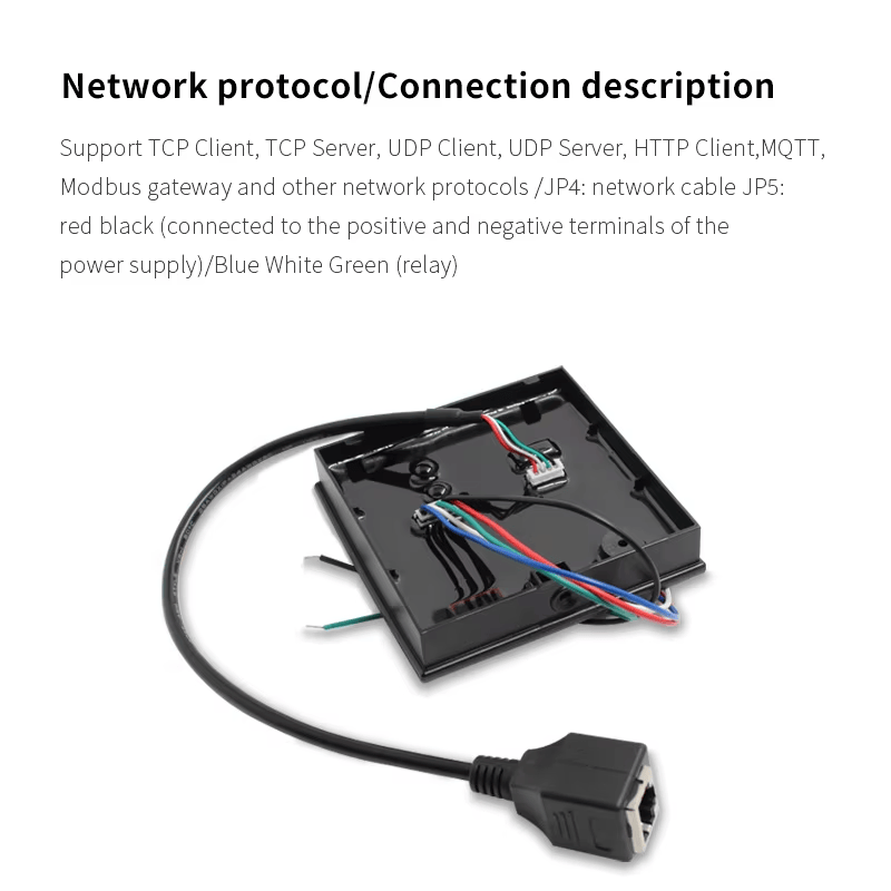 Задната страна на четеца ZY-TCP128-POE показваща ethernet порта RJ45 и клемите за лесен мрежов монтаж.