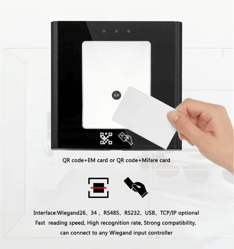 QR четец за достъп с SDK и RFID карти, показан отпред с ясен изглед към панела за приложения с QR Code Access Readers.