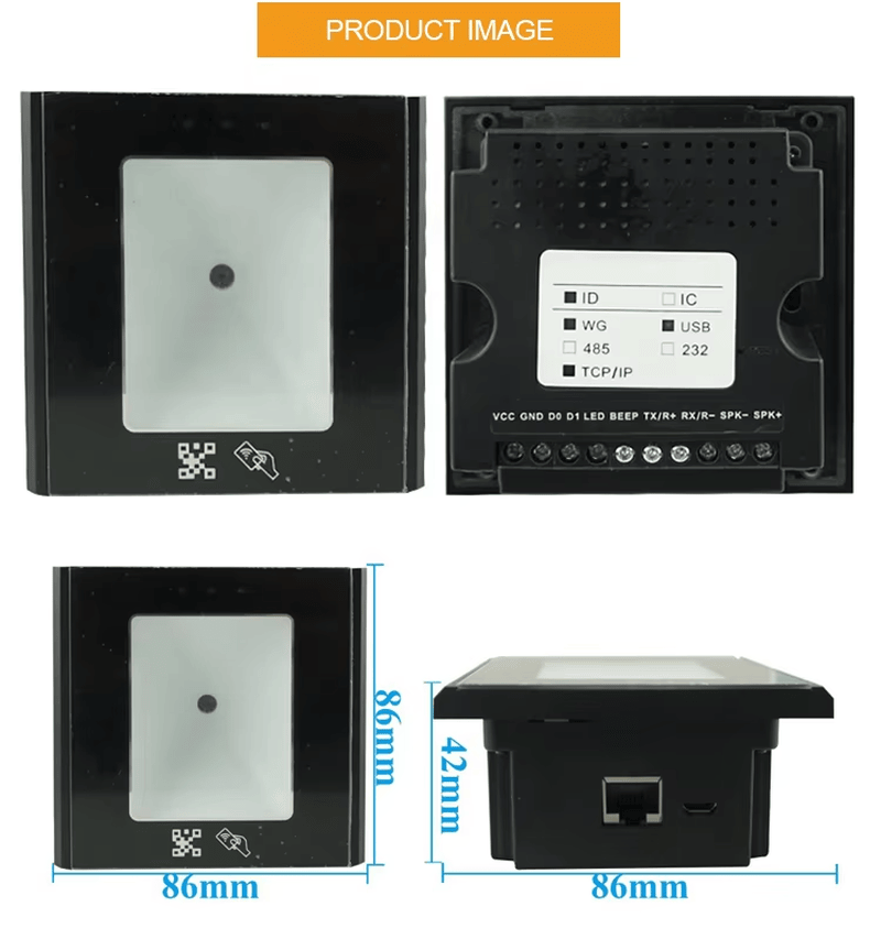 QR четец за достъп с SDK и RFID карти, показан с ясен изглед към LED индикатора за приложения с QR Code Access Readers.
