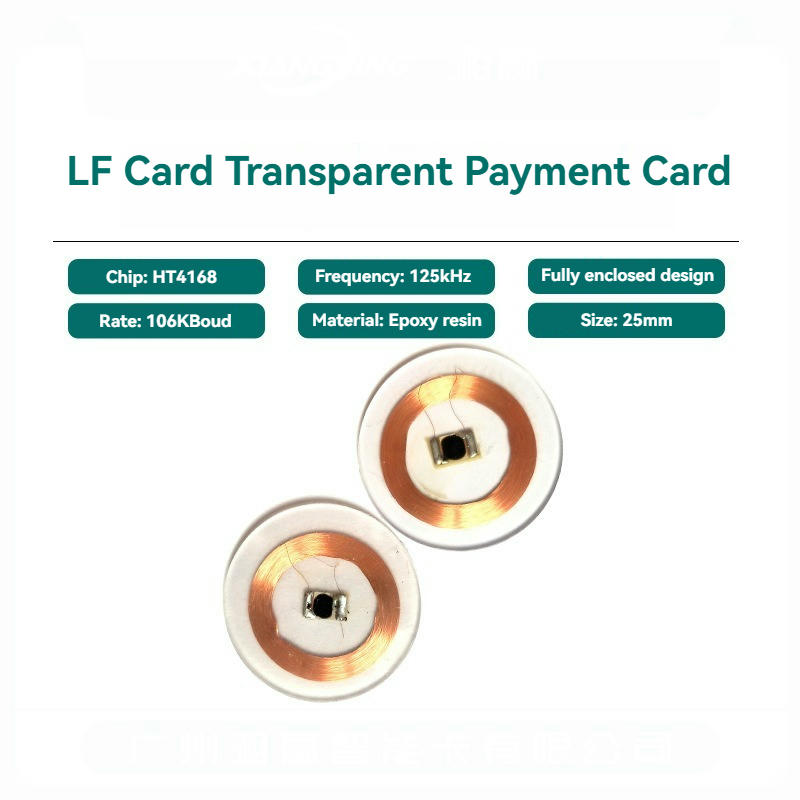 Продуктовото изображение показва два LF RFID етикета с видима медна намотка и чип модули в прозрачен епоксиден корпус.