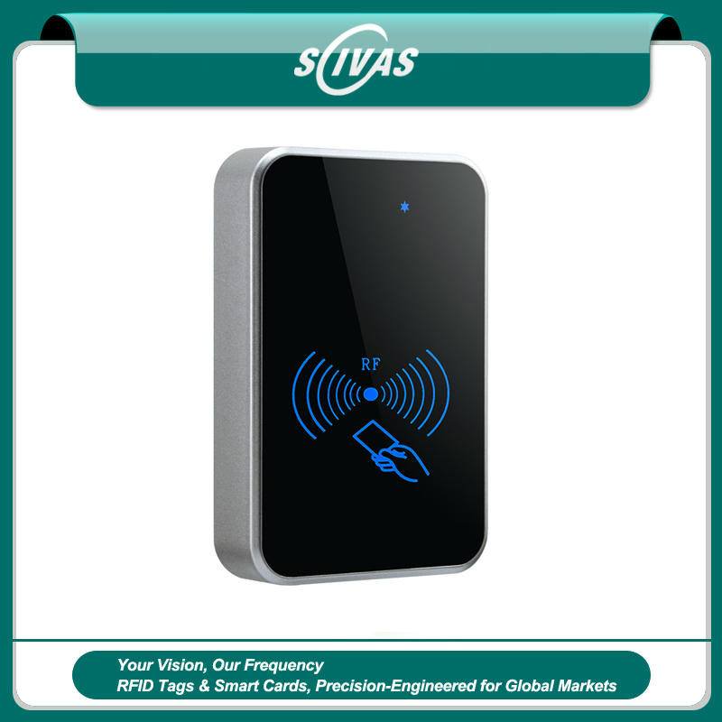 Предният изглед на RFID четеца за достъп от серия KA-118W показва елегантен сребристо-черен ABS корпус за офис сигурност.