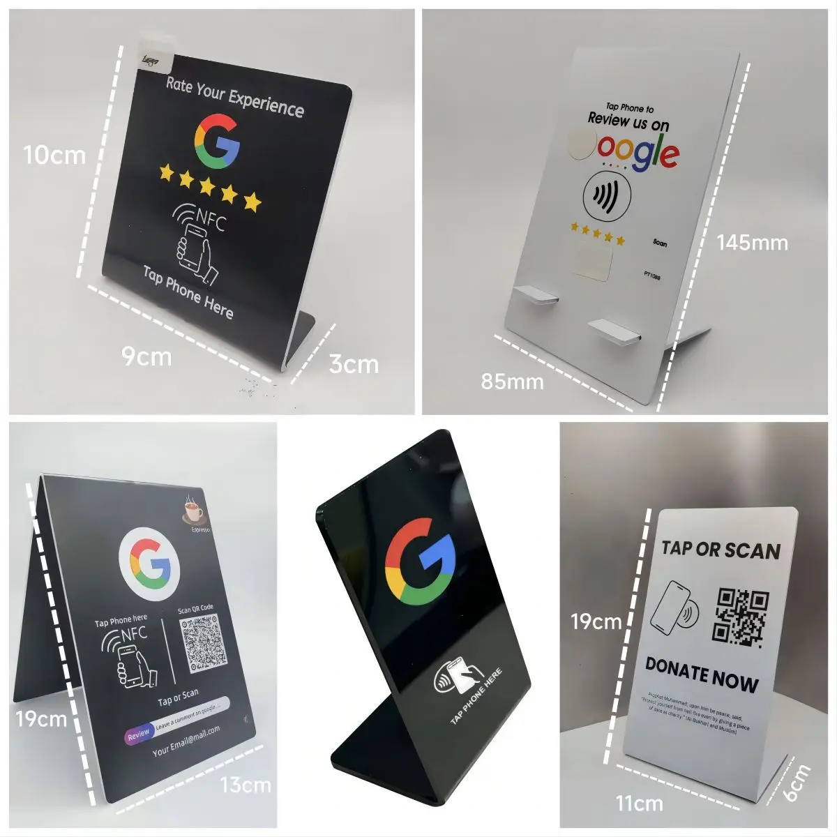 Визуално сравнение, показващо компактния CR80 размер на Google Review карта, подходящ за всеки търговски касов плот.