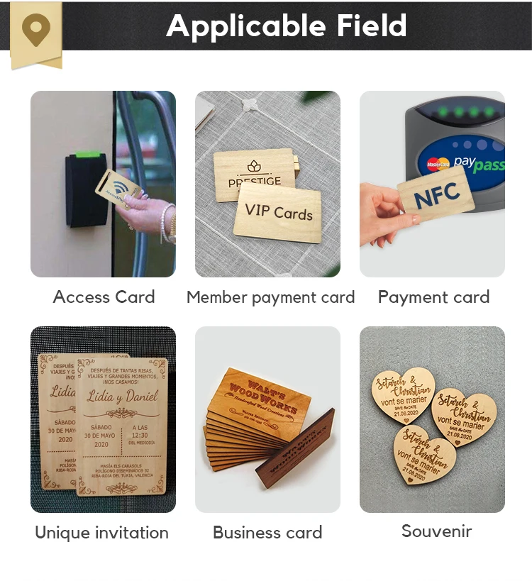 Персонализирани гравирани дървени RFID карти, представени с примерен дизайн за приложения с дървени карти.